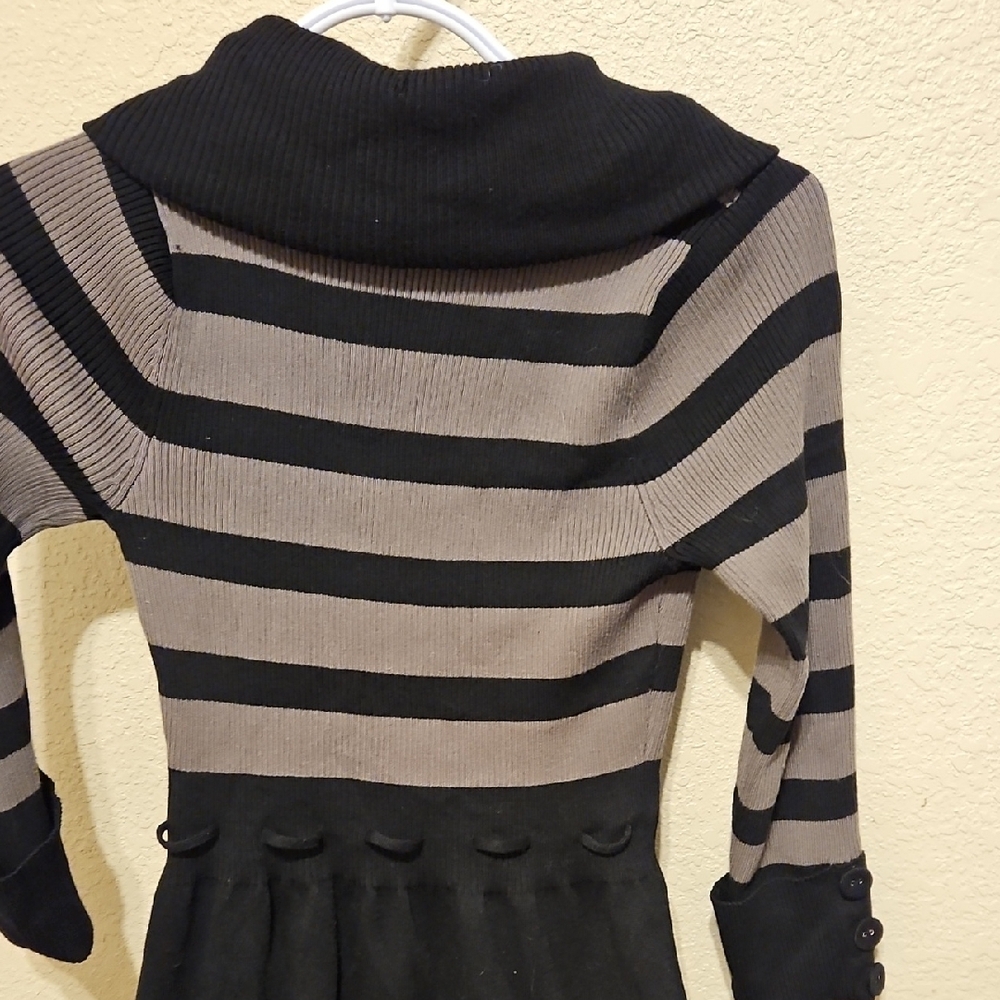 Apostrophe Black and Gray Striped Sweater Dress with Cowl Neck - Picture 9 of 11